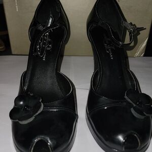 Chinese Laundry Black Peep-Toe Heels with Floral Accent